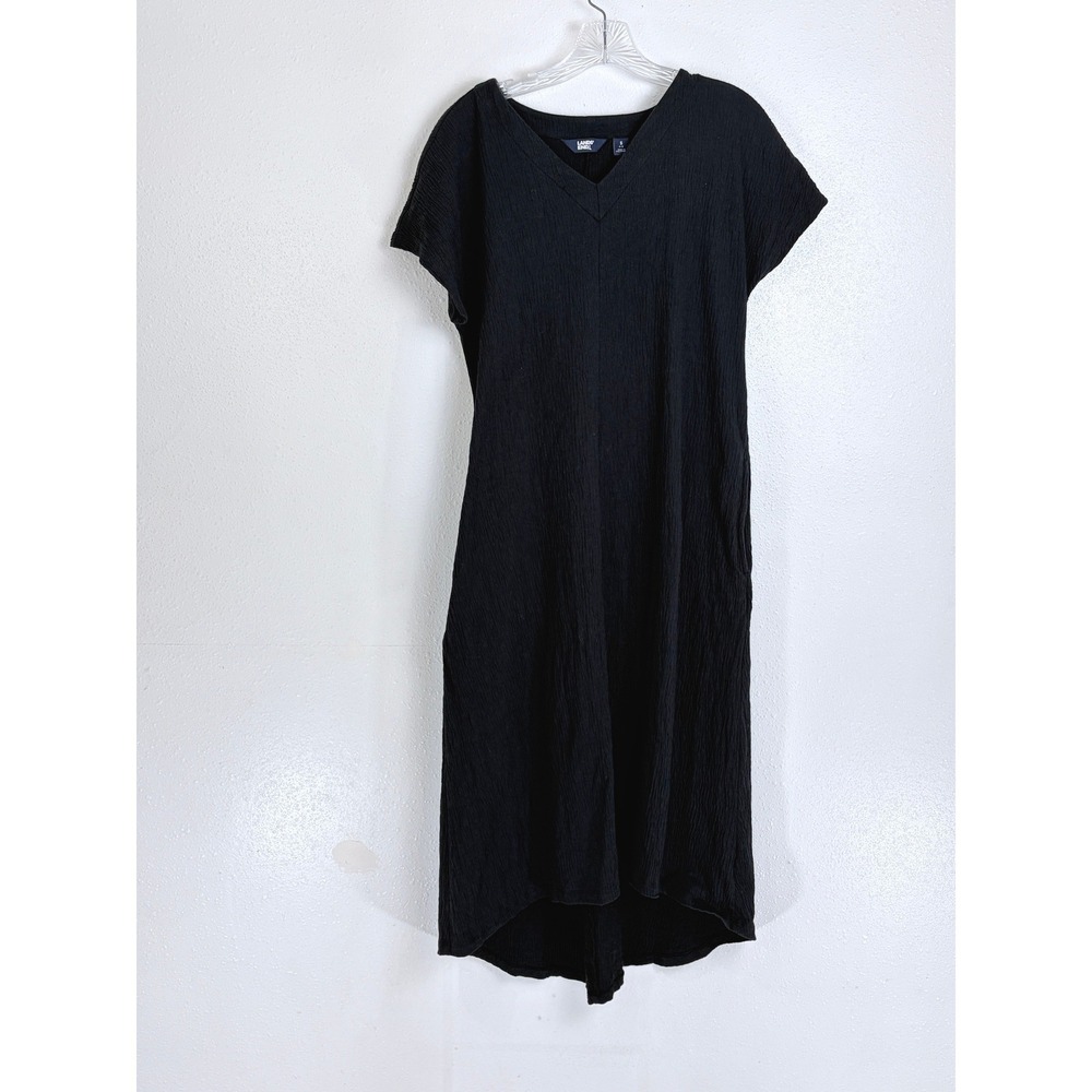 Minimalist Black Cotton Gauze V-Neck Midi Dress Lands' End Pockets S